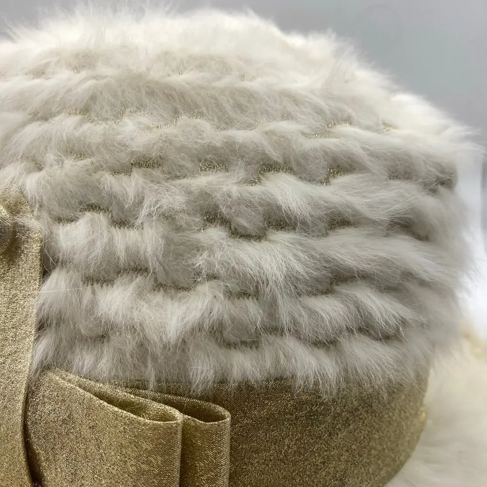 Vintage Sue Lee by Irving Faux Fur Hat Gold Bow Made in France 1960s Glam